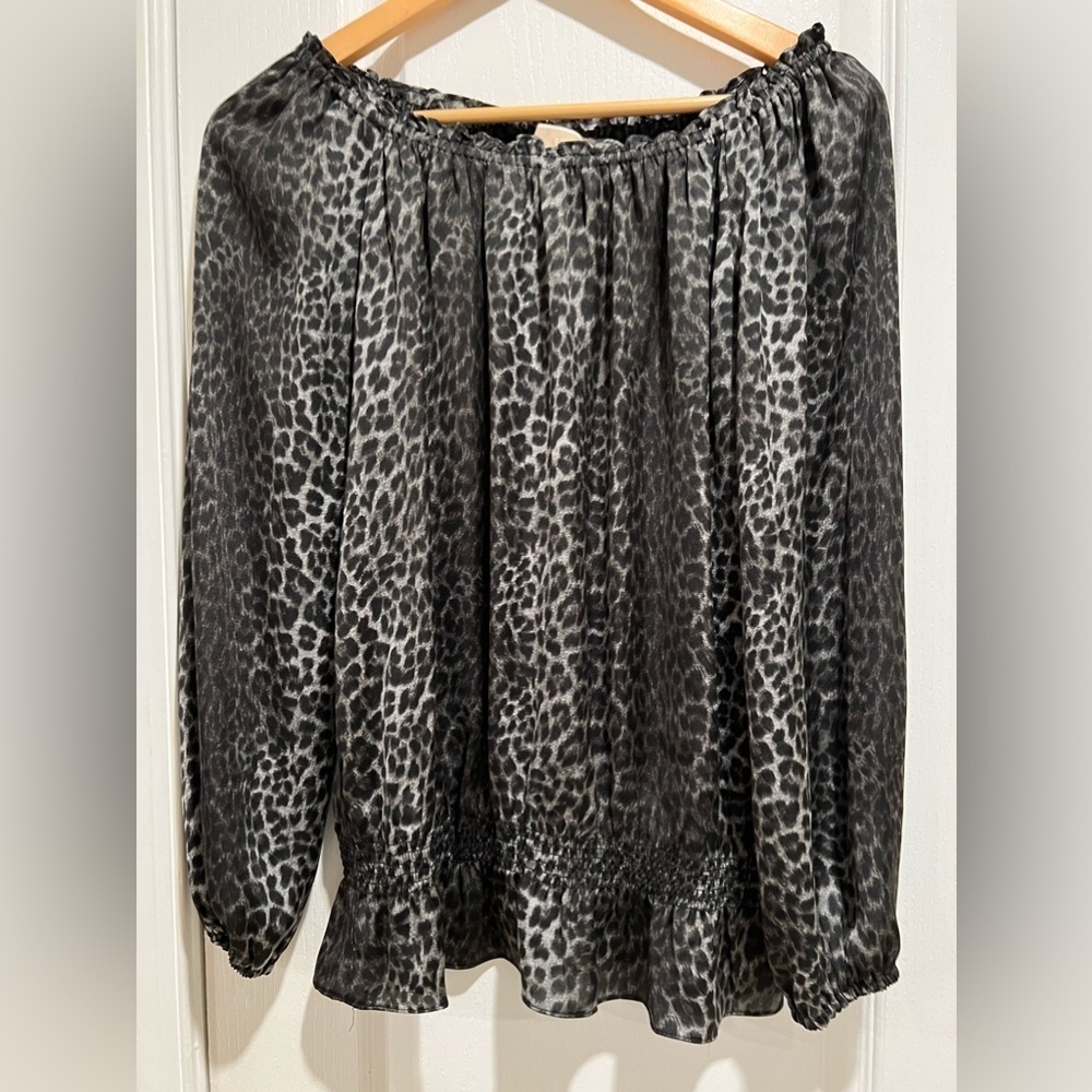 Michael Kors Women's Size S Blouse Top Gray Animal Print Polyester Leopard EUC